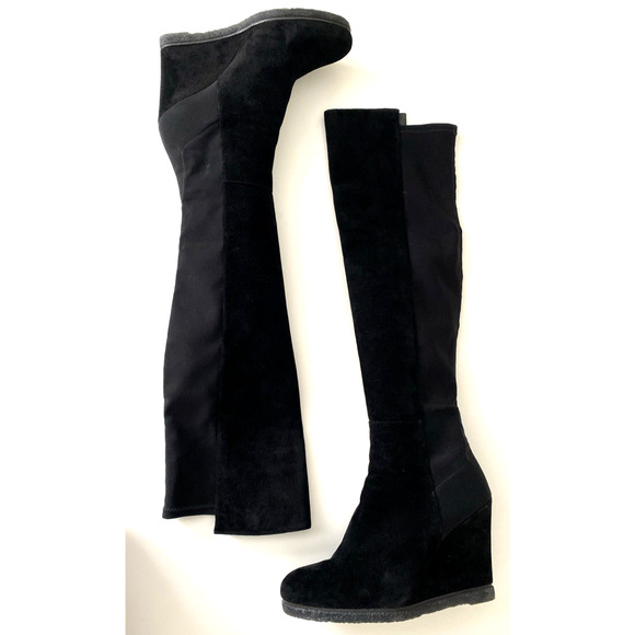 Stuart Weitzman Demiswoon Boot Tall Stretch Back Suede Wedge Round Black… - Picture 3 of 9